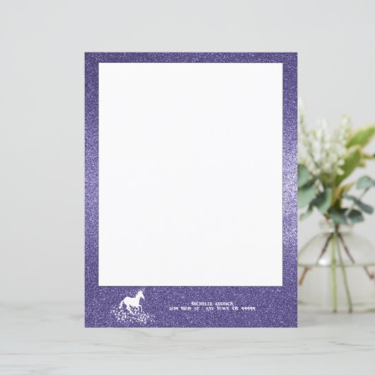 Glitter Unicorn en Stars | Paars papieren blad (Staand voorkant)
