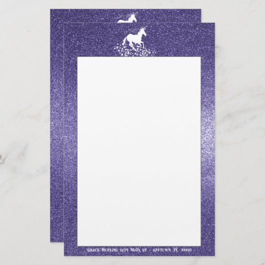 Glitter Unicorn en Stars | Paarse banketbakkerij Briefpapier (Voorkant / Achterkant)