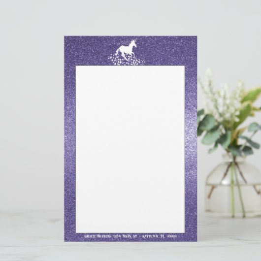 Glitter Unicorn en Stars | Paarse banketbakkerij Briefpapier (Staand voorkant)
