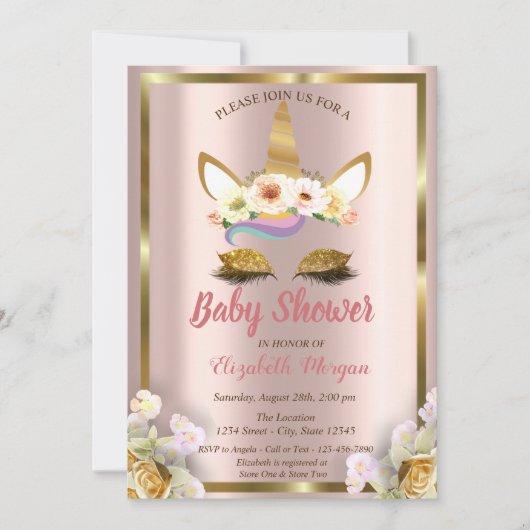 Glitter Unicorn Floral Crown Baby shower Invi Kaart (Voorkant)