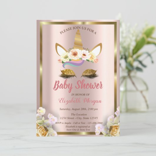 Glitter Unicorn Floral Crown Baby shower Invi Kaart (Staand voorkant)