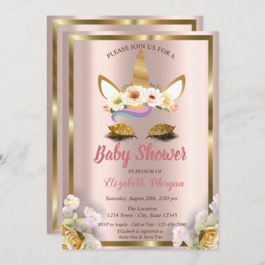 Glitter Unicorn Floral Crown Baby shower Invi Kaart (Voorkant / Achterkant)