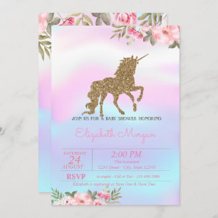 Glitter Unicorn Floral Holographic Baby shower Kaart