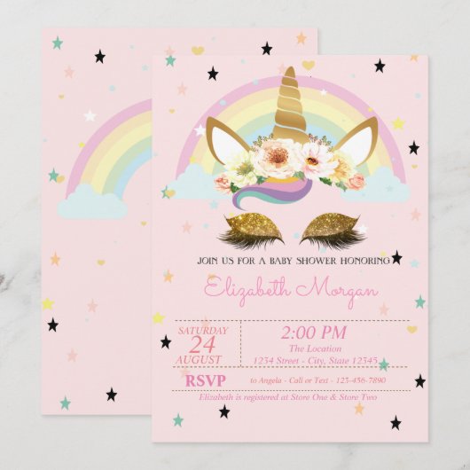 Glitter Unicorn Floral Rainbow-Baby shower Kaart (Voorkant / Achterkant)