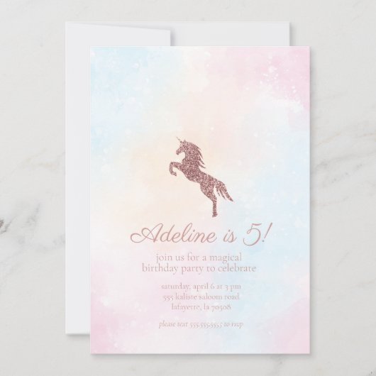 Glitter Unicorn Girl Birthday Party Invitation Kaart (Voorkant)