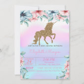 Glitter Unicorn Holographic Floral Baby shower Kaart (Voorkant)
