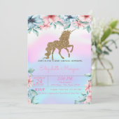 Glitter Unicorn Holographic Floral Baby shower Kaart (Staand voorkant)