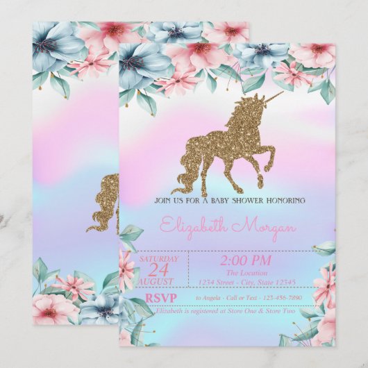 Glitter Unicorn Holographic Floral Baby shower Kaart (Voorkant / Achterkant)