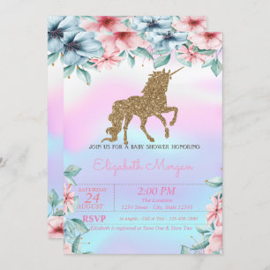 Glitter Unicorn Holographic Floral Baby shower Kaart