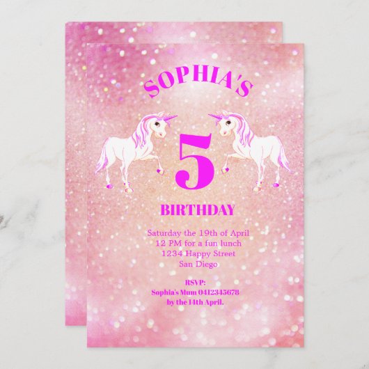 Glitter Unicorn Magical Pink Birthday Kaart (Voorkant / Achterkant)