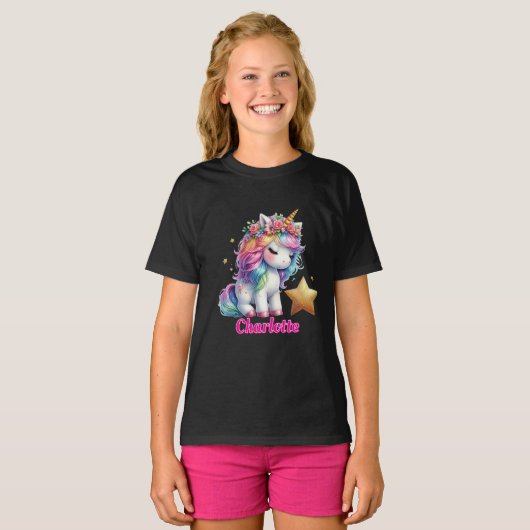 Glitter unicorn magische ster kinder zwart t-shirt (Voorkant volledig)