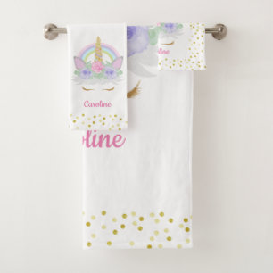 Glitter Unicorn Rainbow Pink Floral Girl's Name Bad Handdoek