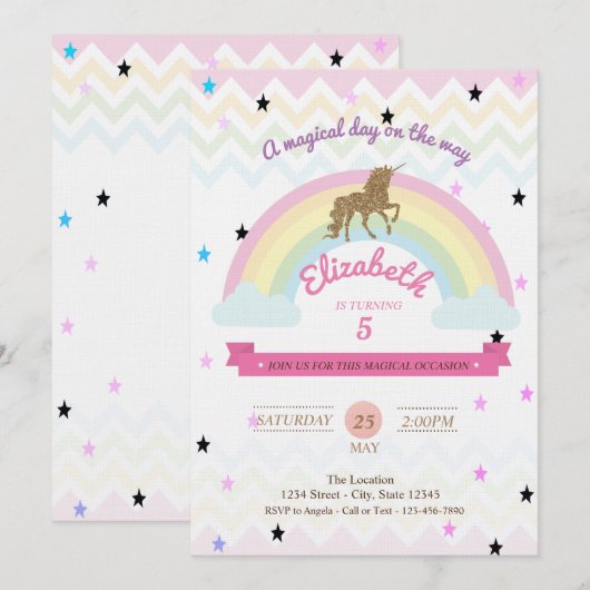Glitter Unicorn, Rainbow Stars Birthday Uitnodigin Kaart (Voorkant / Achterkant)