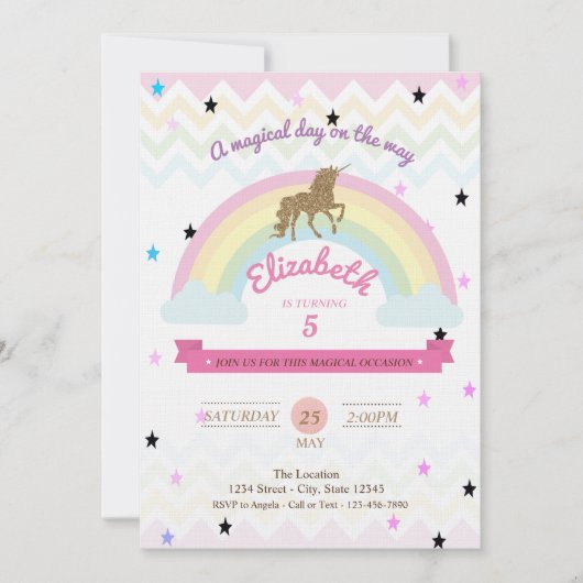 Glitter Unicorn, Rainbow Stars Birthday Uitnodigin Kaart (Voorkant)