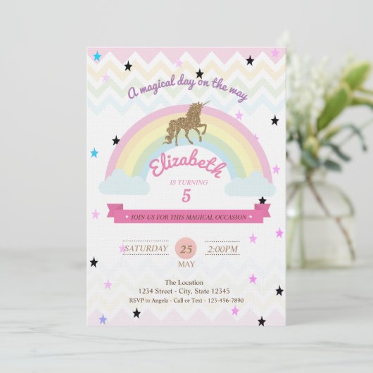 Glitter Unicorn, Rainbow Stars Birthday Uitnodigin Kaart (Staand voorkant)