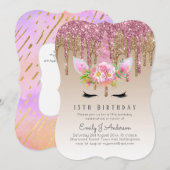 Glitter Unicorn Roos Gold Pink Dripping 13th Bday Kaart (Voorkant / Achterkant)