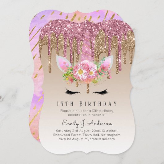 Glitter Unicorn Roos Gold Pink Dripping 13th Bday Kaart (Voorkant / Achterkant)
