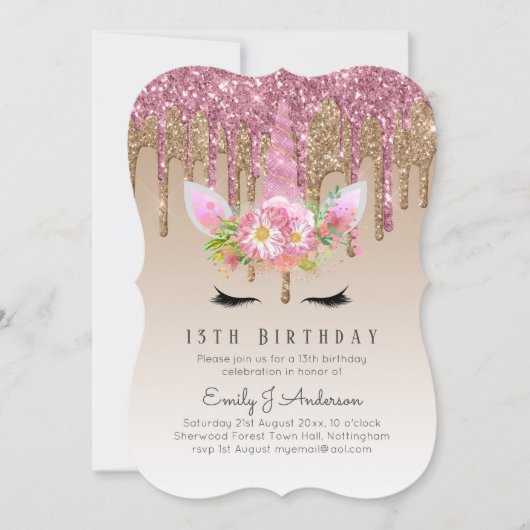 Glitter Unicorn Roos Gold Pink Dripping 13th Bday Kaart (Voorkant)
