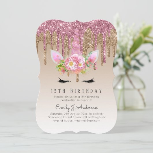 Glitter Unicorn Roos Gold Pink Dripping 13th Bday Kaart (Staand voorkant)