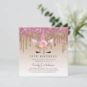 Glitter Unicorn Roos Gold Pink Dripping 13th Bday Kaart (Staand voorkant)