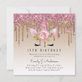 Glitter Unicorn Roos Gold Pink Dripping 13th Bday Kaart (Voorkant)