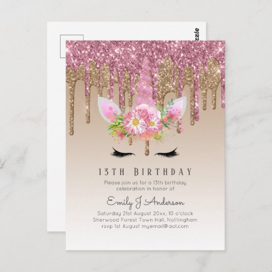 Glitter Unicorn Roze Goud Roze Druppelende 13e Ver Briefkaart (Voorkant / Achterkant)