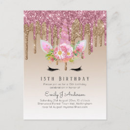 Glitter Unicorn Roze Goud Roze Druppelende 13e Ver Briefkaart
