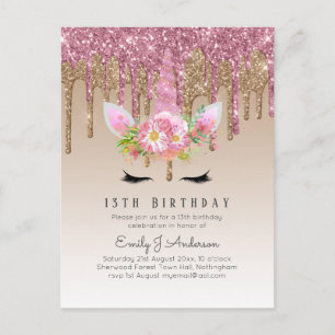 Glitter Unicorn Roze Goud Roze Druppelende 13e Ver Briefkaart