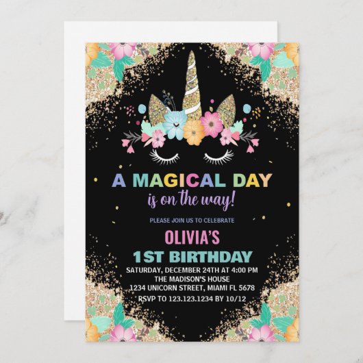 Glitter Unicorn Verjaardag Uitnodigingen (Voorkant / Achterkant)