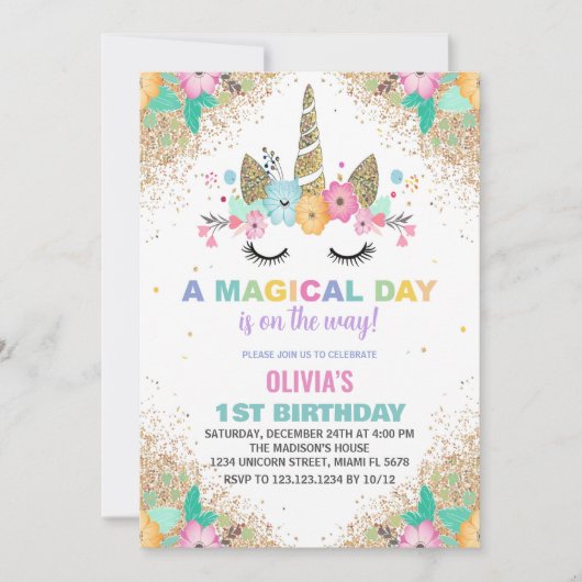 Glitter Unicorn Verjaardag Uitnodigingen (Voorkant)
