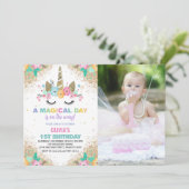 Glitter Unicorn Verjaardag Uitnodigingen met foto (Staand voorkant)