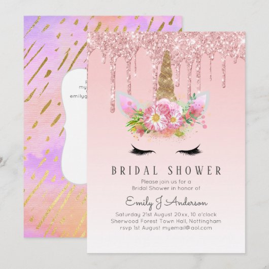 Glitter Unicorn VRIJGEZELLENFEEST Roze Gold Drivin Kaart (Voorkant / Achterkant)