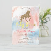 Glitter Unicorn, Waterverf Baby shower Uitnodiging (Staand voorkant)