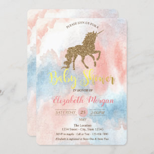 Glitter Unicorn, Waterverf Baby shower Uitnodiging