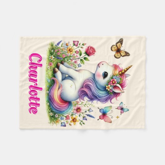 Glitter unicorn weide wilde bloemen fleece deken (Voorkant (Horizontaal))