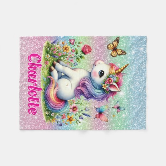 Glitter unicorn weide wilde bloemen fleece deken (Voorkant (Horizontaal))