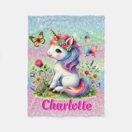 Glitter unicorn weide wilde bloemen fleece deken (Voorkant)