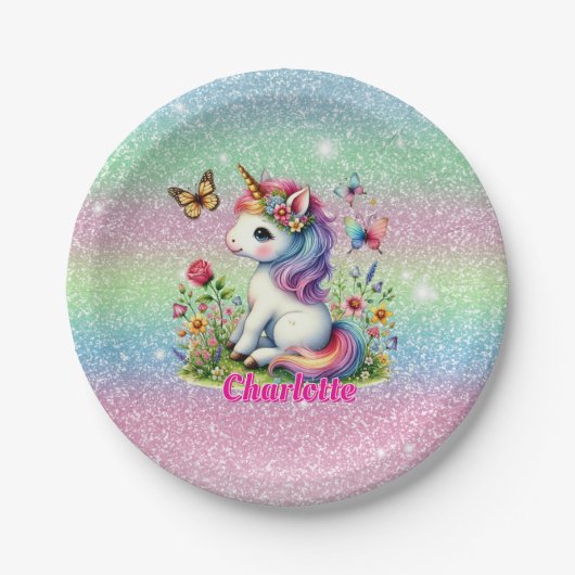 Glitter unicorn weide wilde bloemen papieren bordje (Voorkant)