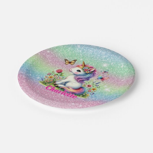 Glitter unicorn weide wilde bloemen papieren bordje (Gekanteld)