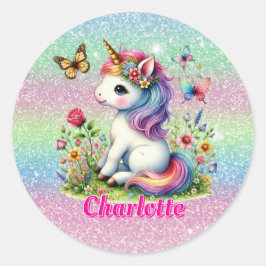 Glitter unicorn weide wilde bloemen ronde sticker