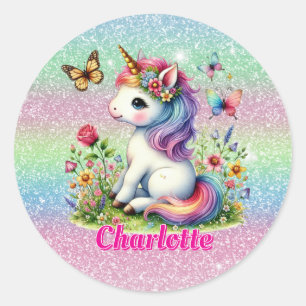 Glitter unicorn weide wilde bloemen ronde sticker