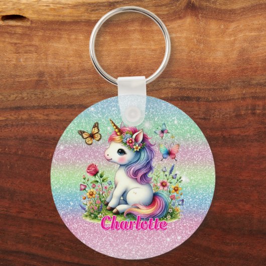 Glitter unicorn weide wilde bloemen sleutelhanger (Achterkant)
