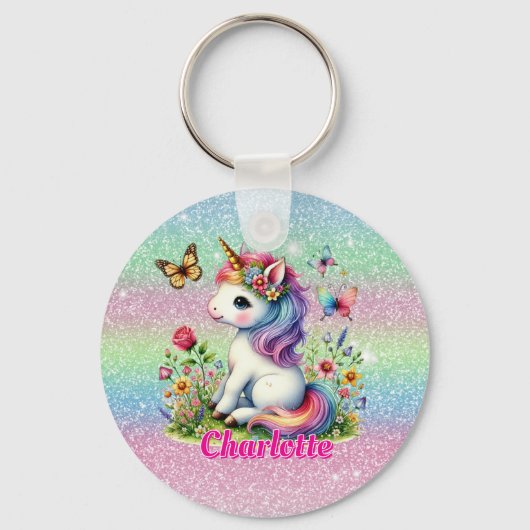 Glitter unicorn weide wilde bloemen sleutelhanger (Achterkant)