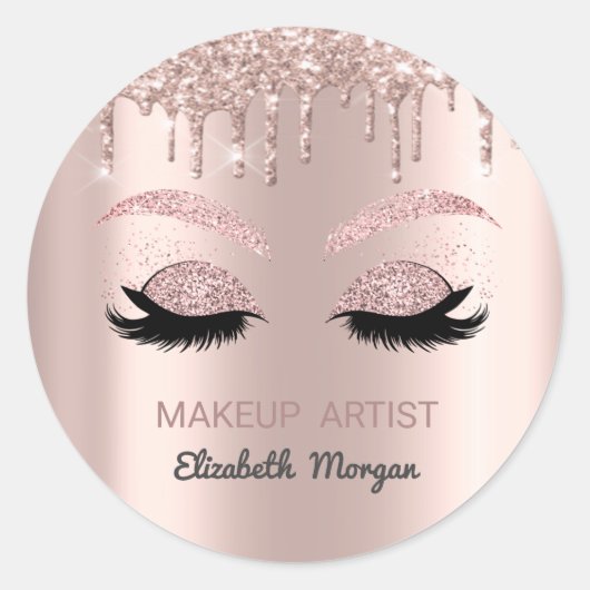 Glitter Valse Wimpers,Roze Gouden Druppels,Make-up Ronde Sticker (Voorkant)