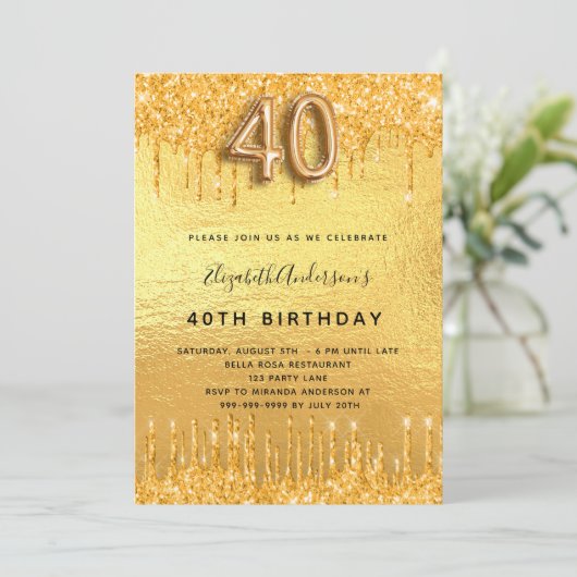 Glitter van 40e verjaardag druppelt goud in goud kaart (Staand voorkant)