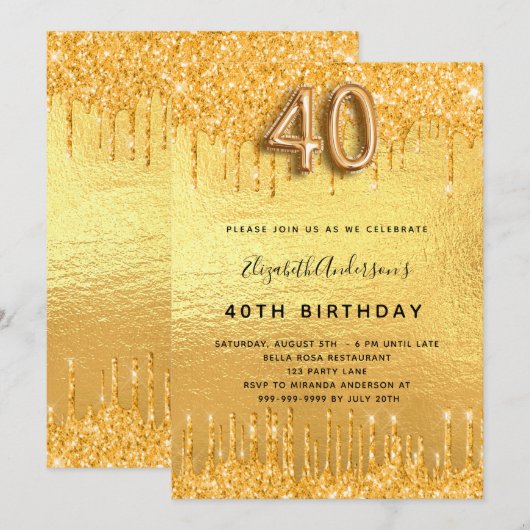 Glitter van 40e verjaardag druppelt goud in goud kaart (Voorkant / Achterkant)