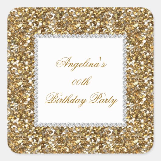 Glitter Verjaardagsfeest Gouden Diamant Trim Alle  Vierkante Sticker (Voorkant)