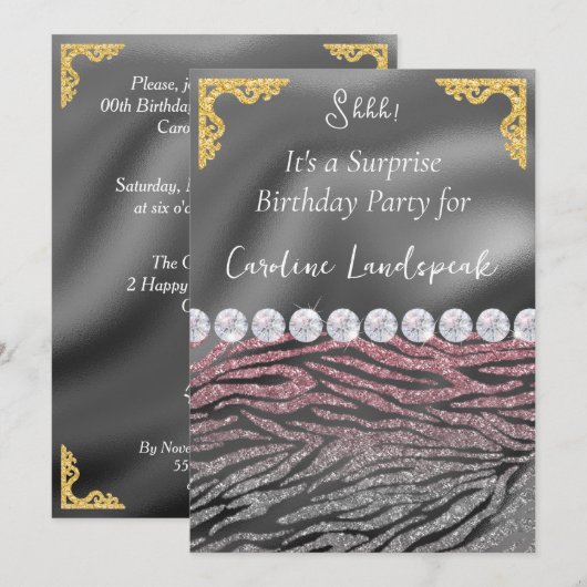 Glitter Verrassing Verjaardag Roze Zilveren Zebra  Kaart (Voorkant / Achterkant)