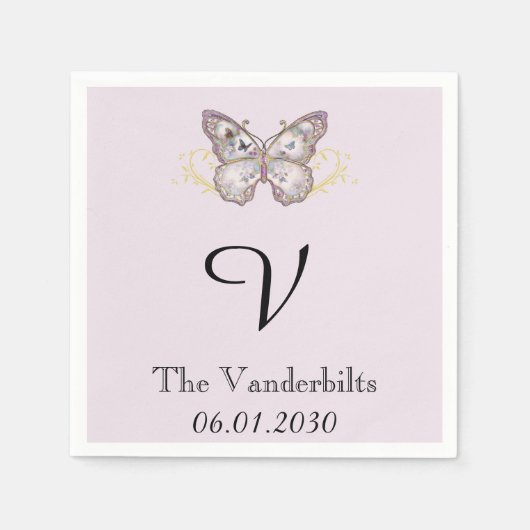 Glitter vlinder lavendel monogram bruiloft servet (Voorkant)