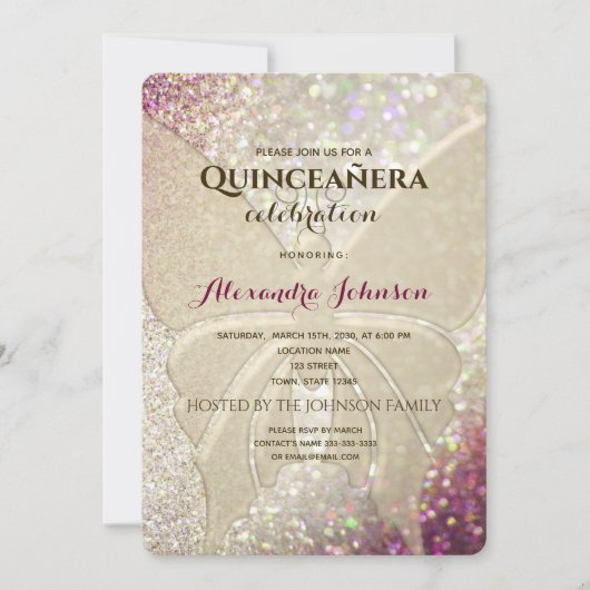 Glitter Vlinder Quinceañera Kaart (Voorkant)